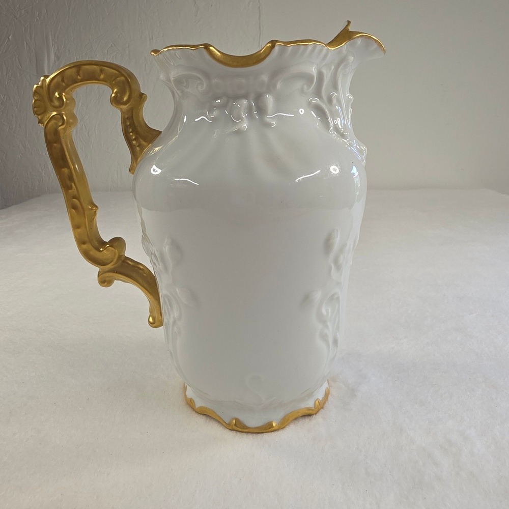 Vintage Hand Painted Porcelain Pitcher Gold Trim Embossed White 93 Florine Steel